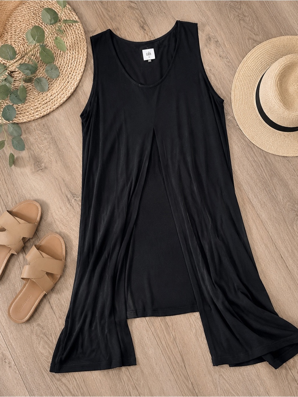 Cabi Black Sleeveless Overlay Dress Medium Layered Asymmetrical Midi Dress